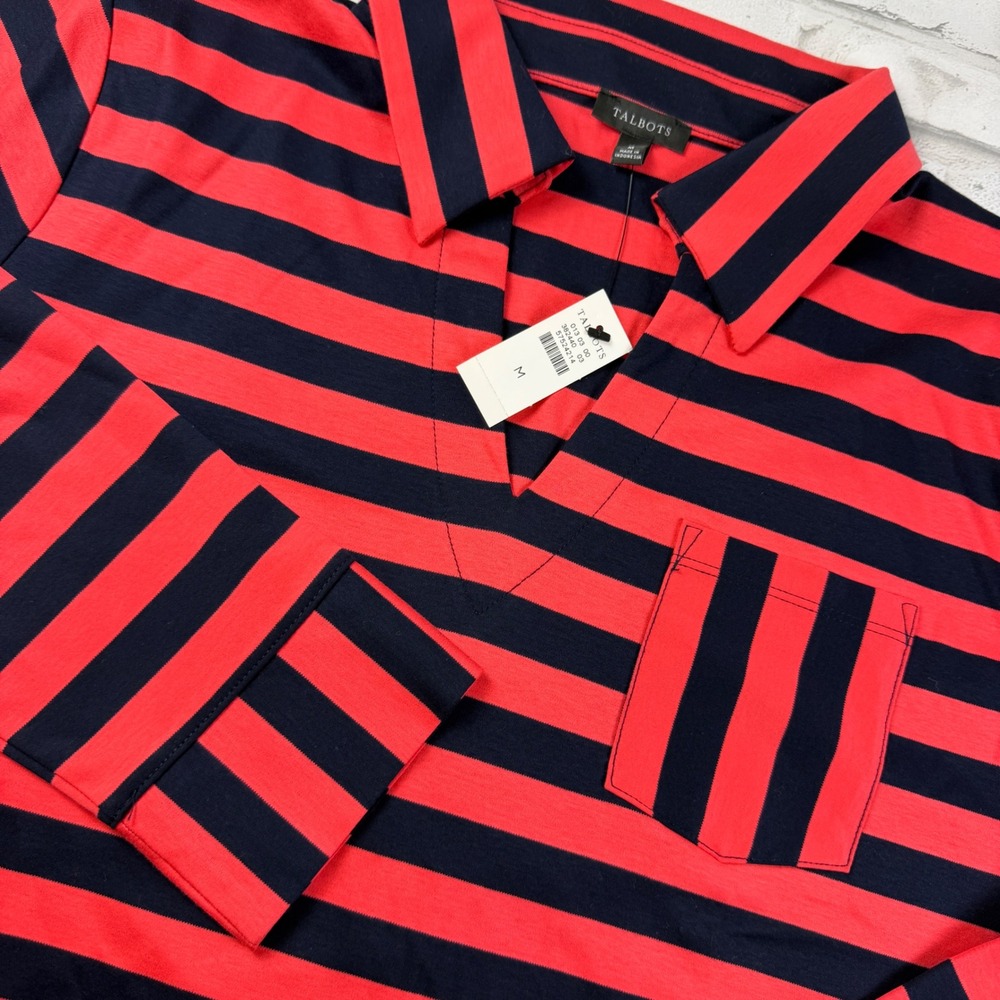 Talbots Polo Top Women M Red Navy Striped Long Sleeve Casual Nautical NWT